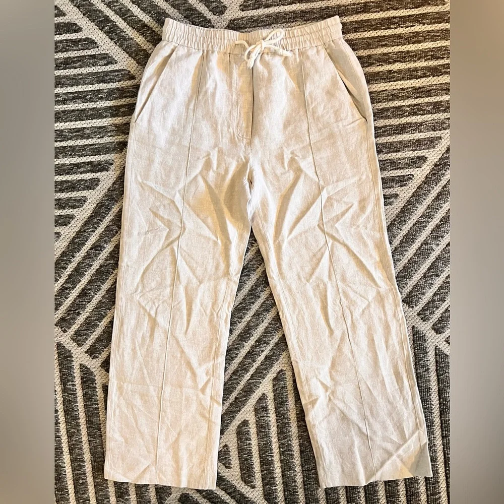 ZARA Medium Neutral 100% Linen Wide-leg Drawstring Lounge Beach Vacation Pants